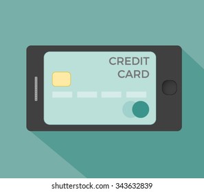 Flat design style vector illustration of modern smartphone with processing of mobile payments from credit card on the screen. Business communication technology concept. Isolated on blue background