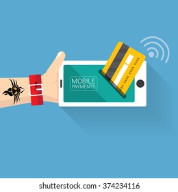 Flat design style vector illustration of modern smartphone with processing of mobile payments from credit card on the screen. Internet banking concept. wireless money transfer. 