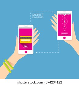 Flat design style vector illustration of modern smartphone with processing of mobile payments from credit card on the screen. Internet banking concept. wireless money transfer. 