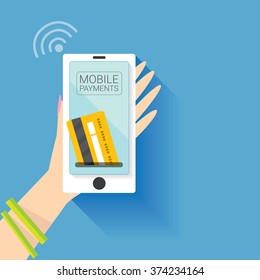 Flat design style vector illustration of modern smartphone with processing of mobile payments from credit card on the screen. Internet banking concept. wireless money transfer. 