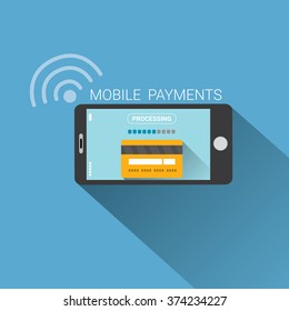 Flat design style vector illustration of modern smartphone with processing of mobile payments from credit card on the screen. Internet banking concept. wireless money transfer. 
