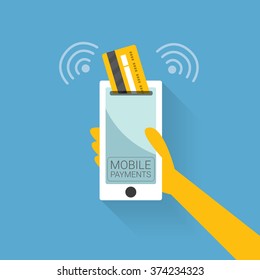 Flat design style vector illustration of modern smartphone with processing of mobile payments from credit card on the screen. Internet banking concept. wireless money transfer. 