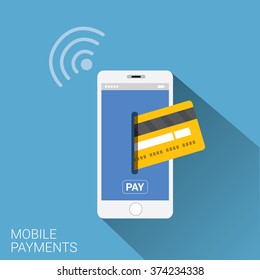 Flat design style vector illustration of modern smartphone with processing of mobile payments from credit card on the screen. Internet banking concept. wireless money transfer. 