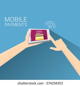Flat design style vector illustration of modern smartphone with processing of mobile payments from credit card on the screen. Internet banking concept. wireless money transfer. 