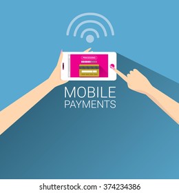 Flat design style vector illustration of modern smartphone with processing of mobile payments from credit card on the screen. Internet banking concept. wireless money transfer. 
