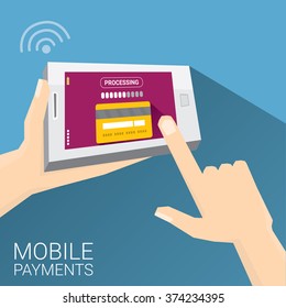Flat design style vector illustration of modern smartphone with processing of mobile payments from credit card on the screen. Internet banking concept. wireless money transfer. 
