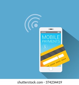 Flat design style vector illustration of modern smartphone with processing of mobile payments from credit card on the screen. Internet banking concept. wireless money transfer. 