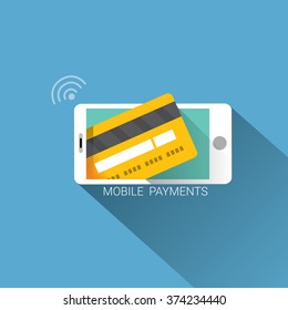 Flat design style vector illustration of modern smartphone with processing of mobile payments from credit card on the screen. Internet banking concept. wireless money transfer. 