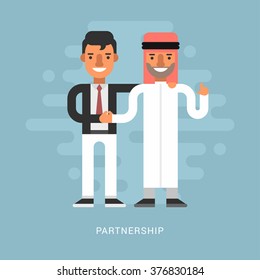 Flat Design Style Vector Illustration Concept of Successful Partnership. Business People Cooperation Agreement, Business Deal and Handshake of Two Businessman. European and Arab Partnership