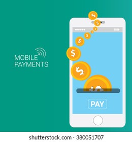 Flat design style vector illustration of modern smartphone with processing of mobile payments from credit card on the screen. Internet banking concept. wireless money transfer.