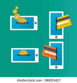 Flat design style vector illustration of modern smartphone with processing of mobile payments from credit card on the screen. Internet banking concept. wireless money transfer.