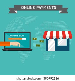 Flat design style vector illustration of modern smartphone or mobile with processing of mobile payments materials 