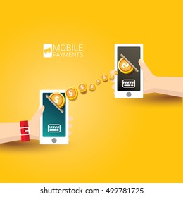 Flat design style vector illustration of modern smartphone with processing of mobile payments from credit card on the screen. Internet banking concept. wireless money transfer.