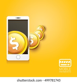 Flat design style vector illustration of modern smartphone with processing of mobile payments from credit card on the screen. Internet banking concept. wireless money transfer.