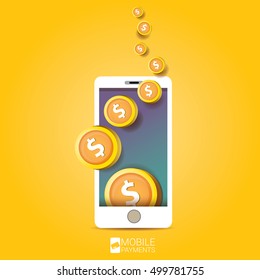 Flat design style vector illustration of modern smartphone with processing of mobile payments from credit card on the screen. Internet banking concept. wireless money transfer.