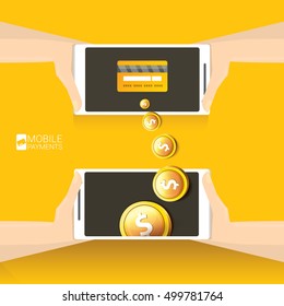 Flat design style vector illustration of modern smartphone with processing of mobile payments from credit card on the screen. Internet banking concept. wireless money transfer.