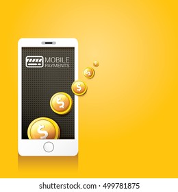Flat design style vector illustration of modern smartphone with processing of mobile payments from credit card on the screen. Internet banking concept. wireless money transfer.