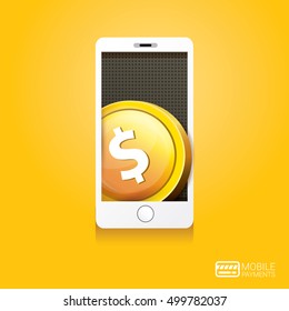 Flat design style vector illustration of modern smartphone with processing of mobile payments from credit card on the screen. Internet banking concept. wireless money transfer.