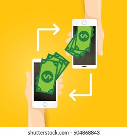 Flat design style vector illustration of modern smartphone with processing of mobile payments from credit card on the screen. Internet banking concept. wireless money transfer.