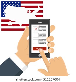 Flat design style. Vector illustration. Hand holding smartphone with voting app on the screen. Concept of election.