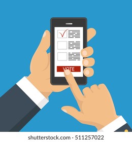 Flat design style. Vector illustration. Hand holding smartphone with voting app on the screen. Concept of election.