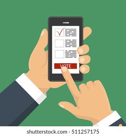 Flat design style. Vector illustration. Hand holding smartphone with voting app on the screen. Concept of election.