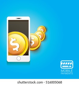 Flat design style vector illustration of modern smartphone with processing of mobile payments from credit card on the screen. Internet banking concept. wireless money transfer.