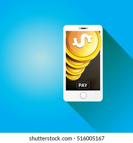 Flat design style vector illustration of modern smartphone with processing of mobile payments from credit card on the screen. Internet banking concept. wireless money transfer.