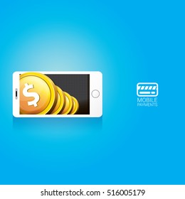 Flat design style vector illustration of modern smartphone with processing of mobile payments from credit card on the screen. Internet banking concept. wireless money transfer.