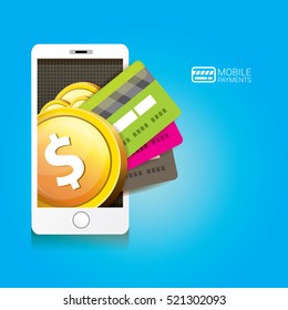Flat design style vector illustration of modern smartphone with processing of mobile payments from credit card on the screen. Internet banking concept. wireless money transfer.
