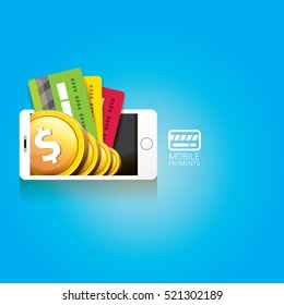 Flat design style vector illustration of modern smartphone with processing of mobile payments from credit card on the screen. Internet banking concept. wireless money transfer.