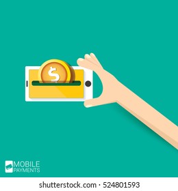 Flat design style vector illustration of modern smartphone with processing of mobile payments from credit card on the screen. Internet banking concept. wireless money transfer.