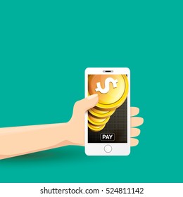 Flat design style vector illustration of modern smartphone with processing of mobile payments from credit card on the screen. Internet banking concept. wireless money transfer.
