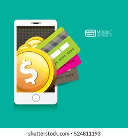 Flat design style vector illustration of modern smartphone with processing of mobile payments from credit card on the screen. Internet banking concept. wireless money transfer.