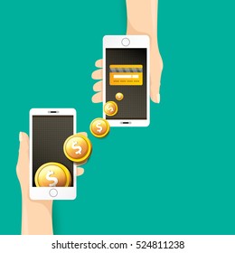 Flat design style vector illustration of modern smartphone with processing of mobile payments from credit card on the screen. Internet banking concept. wireless money transfer.