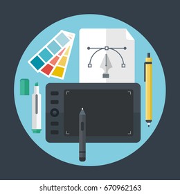 Flat design style vector illustration icons set of graphic designer or illustrator items and tools. Vector illustration.