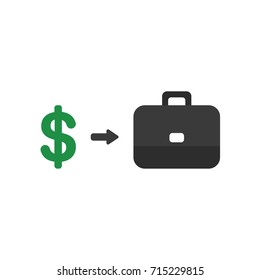 Flat design style vector illustration concept of green dollar symbol with an arrow pointing black briefcase icon on white background.