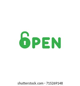 Flat design style vector illustration concept of green open text with green padlock icon on white background.