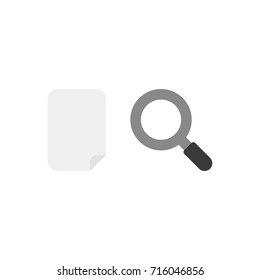 Flat design style vector illustration concept of grey blank paper with grey and black magnifying glass or magnifier icon on white background.