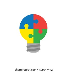 Flat design style vector illustration concept of lightbulb-shaped blue, red, yellow and green jigsaw puzzle pieces symbol icons connected on white background.