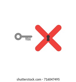 Flat design style vector illustration concept of grey key with solution text and red x mark with black keyhole symbol icon on white background.