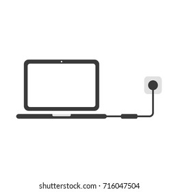 Flat Design Style Vector Illustration Concept Of Black Laptop Computer Symbol Icon Charging With Charger, Pulg And Outlet On White Background.