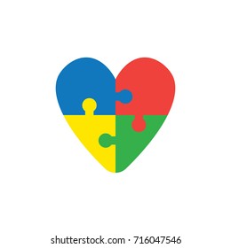 Flat design style vector illustration concept of heart-shaped blue, red, yellow and green jigsaw puzzle pieces symbol icons connected on white background.