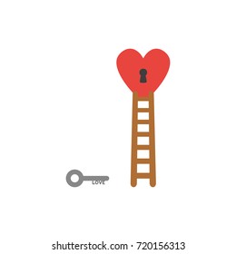 Flat design style vector illustration concept of grey love key reach to black keyhole in red heart symbol icon with brown wooden ladder on white background.