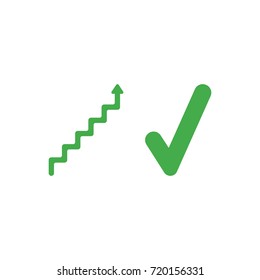 Flat design style vector illustration concept of green stairs with arrow pointing up and green check mark symbol icon on white background.