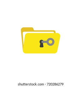 Flat design style vector illustration concept of grey key unlock or open yellow folder symbol icon keyhole on white background.