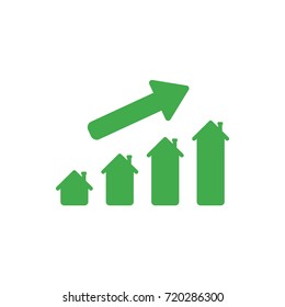 Flat design style vector illustration concept of green house sales or value bar chart symbol icon with arrow moving up on white background.