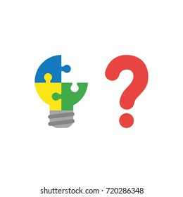 Flat design style vector illustration concept of blue, yellow and green pieces light bulb puzzle symbol icon missing piece with red question mark symbolizes problem on white background.