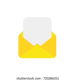 Flat design style vector illustration of yellow open envelope with blank paper symbol icon on white background.