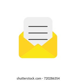 Flat design style vector illustration of yellow open envelope with written paper symbol icon on white background.